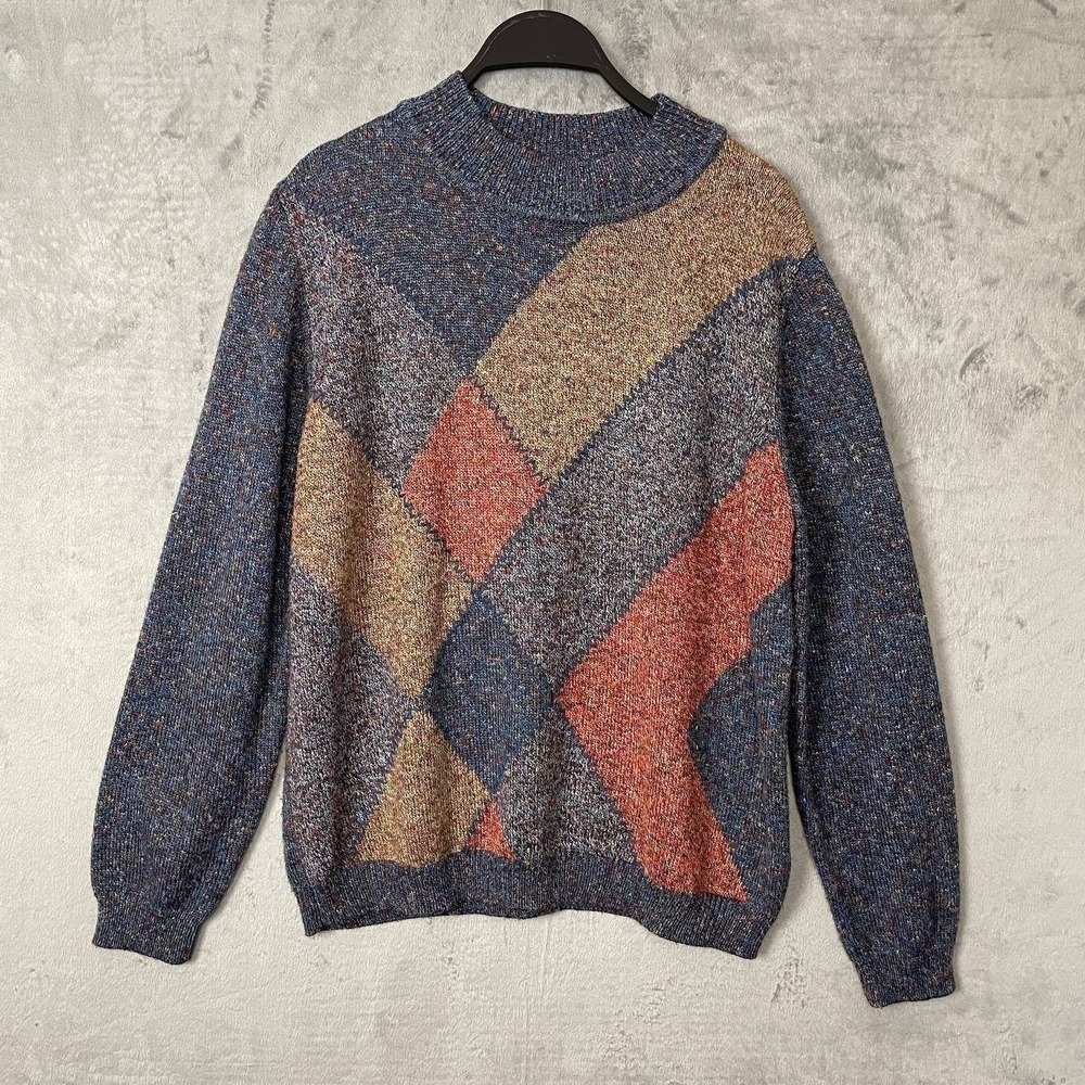 Retro Argyle Knit Grandpa Sweater Large Light Academia Preppy School Lounge